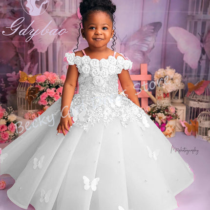 Customized Pink Flower Girl Dresses For Wedding Appliques Butterflies Pearls Cute Kids Birthday Party First Communion Gown