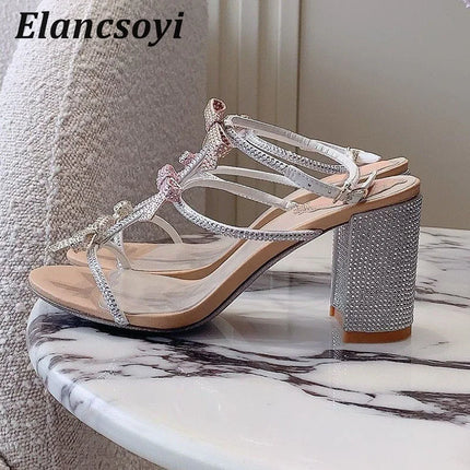 Chunky Heels Sandals Women's Shiny Rhinestone Bow-knot Open Toe Ankle Strap Sandalias Summer Fashion Party Wedding High Heels
