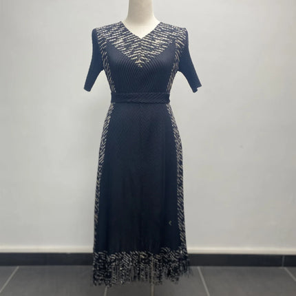 Miyake Crumpled Loose Dress Fashionable Bronzing Fringed Temperament V-neck Loose Short-sleeved Elegant Women's Dress