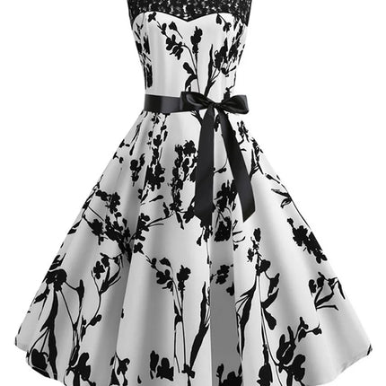 Floral Print Vintage Women Summer A Line Lace Party Dresses Robe Tunic Casual Office Ladies Dress