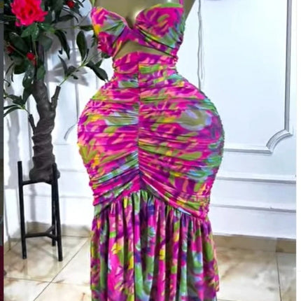 CM.YAYA 2026 Women's Tropical Floral Print Cutout Ruched Ruffle Midi Dress Summer Elegant Birthday Party Club Cocktail Dresses