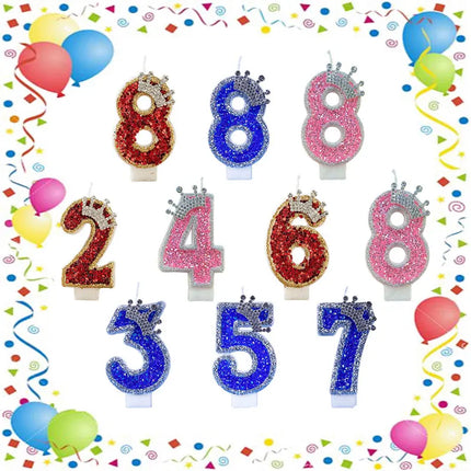 Crown Candles New Creative Number 0-9 Pink Blue Red Birthday Wedding Party Cake Decoration Handmade Crown Powder Sequin Cake Dec