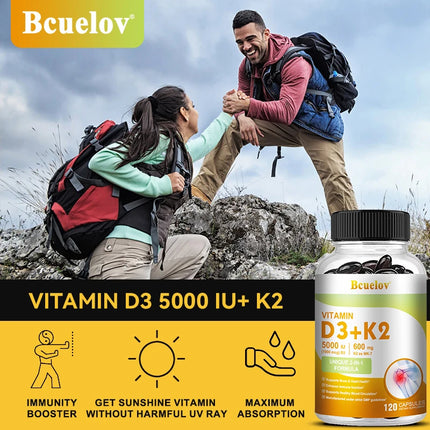 Vitamin D3 5000IU & Vitamin K2 600mg Capsules, Boost Calcium Absorption, Bone, Joint, Dental, Heart & Immune System Support