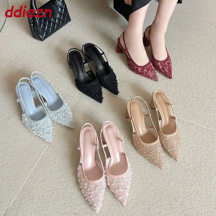 2026 New Fashion String Bead Women Square Heels Sandals Pointed Toe Pumps Slip On Dress Ladies High Heels Sandals Mules Shoes