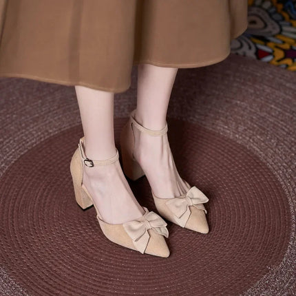 Small Size 30-44 Black Shoes Women Summer High Heel Sandals Chunky Heel Hollow Bow Women's Sandals Shoes