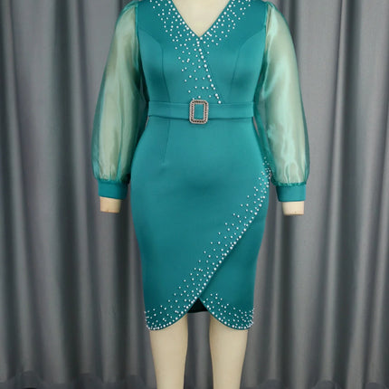 AOMEI Luxury Evening Dress V-neck Bead Belt Mesh Lantern Long Sleeve Sexy Women's Party Classy Office Ladies Wedding Guest Gowns