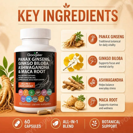 Botanical All in 1 Blend with Panax Ginseng Ginkgo Biloba Ashwagandha Maca Root Supports Daily Vitality Focus 60 Capsules