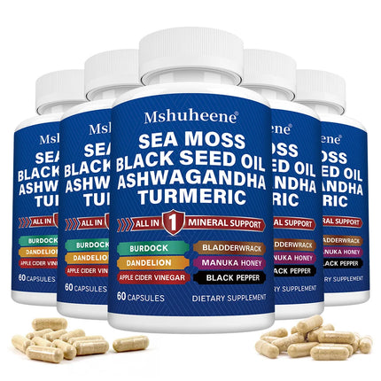 Sea Moss, Black Seed, Ashwagandha, Turmeric, Bladderwrack, Burdock - with ACV, Black Pepper, Gluten Free