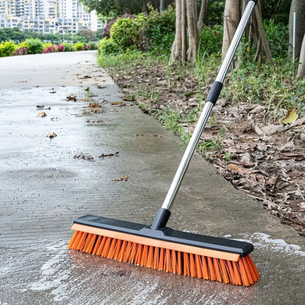 Heavy-Duty Outdoor Floor Cleaning Brush with Squeegee System & Stiff Bristles - Stainless Steel/Plastic, Ideal for Yards, Patios, Driveways, Concrete & Hard Surfaces, Commercial-Grade Broom