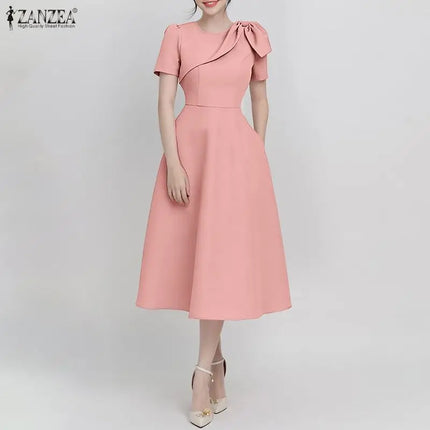 ZANZEA Women's Elegant Fit and Flare Party Dresses Bow Detail O-Neck Short Sleeve Wedding Guest A-Line Midi Dress Woman Clothes