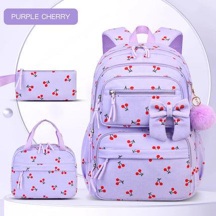 3pcs/set school backpack for girls cherry pattern primary school girl Corduroy backpack kids bookbag lunch bag pencil bag set