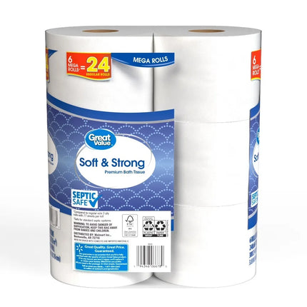Soft & Strong Premium Toilet Paper, 6 Mega Rolls, 380 Sheets per Roll