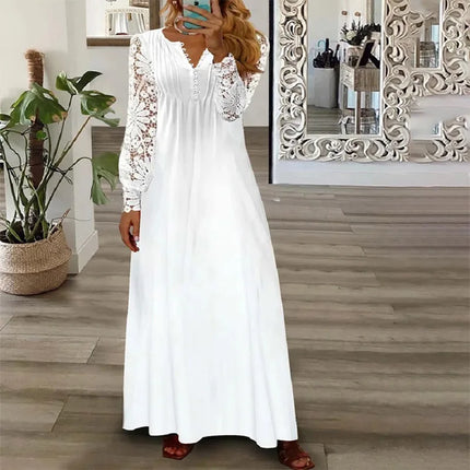 Spring/Summer Fashion Women's Long Sleeve Printed Lace Dresses Elegant Woman White V-neck Slim Fit Party Long Maxi Vestidos 3XL