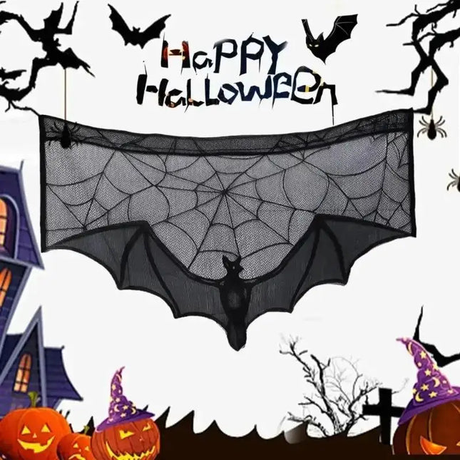 Halloween Lace Curtain Gothic Bat Tablecloth Fireplace Scarf Window Cover For Party Home Decoration Cobweb Halloween Decoration
