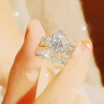 2PCS Crystal Crown Adjustable Ring Irregular Geometry Vintage Rings Set for Women Girls New Fashion Jewelry