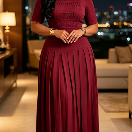 Mlaiscsr Women's Elegant Pleated Maxi Dress Burgundy O Neck Half Sleeve Fold Flowy A-Line Skirt for Church Weddings Formal Event