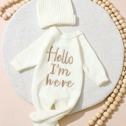 Ylsteed 2Pcs Newborn Photography Knitted Onesie With Hello Knit Embroidery Baby Outfit Suit Perfect For Newborn Photo Shoots-HD