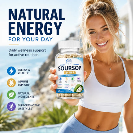 Soursop 24-in-1 Plant Nutrient Capsules, 60 Capsules – Portable Daily Dietary Supplement for Adults, Rich in Multiple Nutrients, Ideal for Home, Office and Travel Use, European & American Style Wellness Management Nutrition