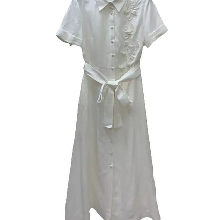 High quality women's 2026 new linen blend three-dimensional decal embroidery short sleeved lapel shirt dress with folded edges