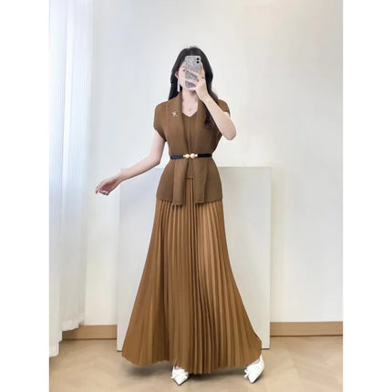 Miyake Pleated 2026 New Summer Pleated Dress Waist-Cinching Loose Pleated Skirt with Metal Decoration Plus Size Women's Clothing