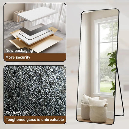 71"x26" Full Length Mirror, Aluminum Frame, Floor Standing or Wall Mount, Black
