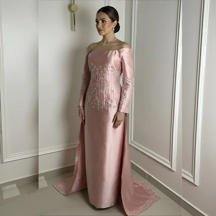 Customized Charmeuse Beading Off-the-shoulder Straight Long Dresses Bespoke Occasion Luxury Evening Dress Elegant Party Wedding
