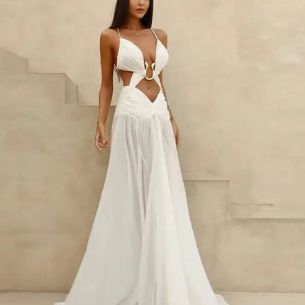 Ruched Mesh Camisole Maxi Dress Women Sexy Metal Buckle Deep V Neck Spaghetti Straps Backless Vacation Party Long Robe Beachwear