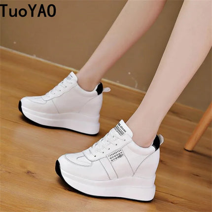 Spring Autumn 9cm Platform Wedge Sneakers New Women Sports Shoes Genuine Leather Footwear Black Fashion Sneakers Summer Shoes