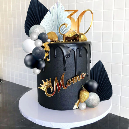 LaVenty Black Sliver Balls Cake Decoration Silver Palm Leaves Cake Decoration Goth Black Cake Topper for Birthday Wedding