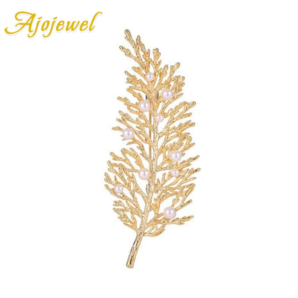 Ajojewel Christmas Cypress Branch Brooch Golden Leaf Jewelry With White Pearls Guest Birthday Gifts