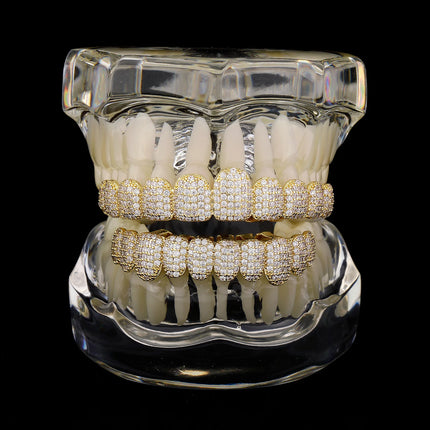 TOPGRILLZ Iced Out 10 Top &10 Bottom 5A CZ Stones Teeth Grillz Punk Rapper 14K Gold Plated Zircon Tooth Caps For Mouth Jewelry