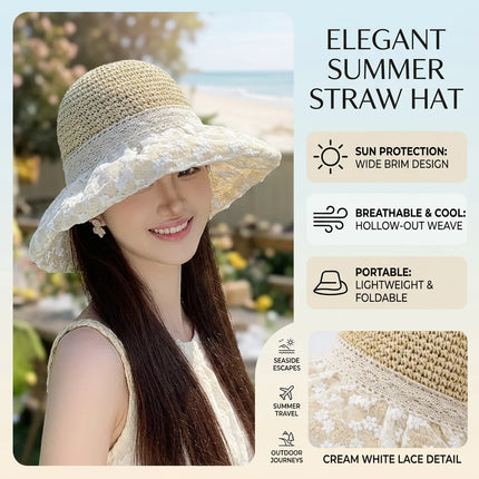 2026 New French Style Feminine Lace Straw Bucket Hat Summer Women Outings Sun Protection Hat Beach Vacations Seaside Hats