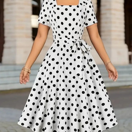 Woman Summer Elegant Midi Dress Fashion Polka Dot Print Short Sleeves High Waist Dresses Ladies Beautiful Square Collar Vestidos