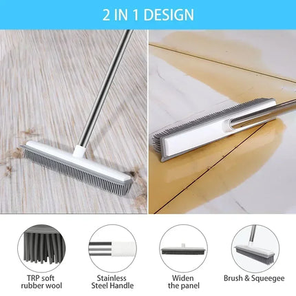 Rubber Broom Long Handle for Pet Hair Fur Remover Broom No Scratch Floor Brush for Fluff Carpet Floor Bathroom Cleaning Tools