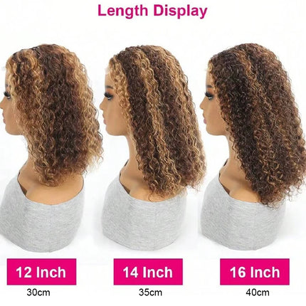 Curly Bob Wig Human Hair Deep Wave 13x4 HD Lace Front Wigs For Black Women Human Hair Pre Plucked Wear And Go Glueless Short Wet And Wavy Ombre Honey Blonde Highlight Color 4/27 12 Inch