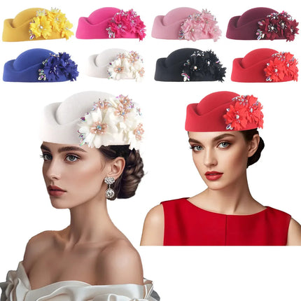 Vintage British Style Felt Turban Hat for Women, Floral Church Derby Headscarf & Soft Beret Headpiece