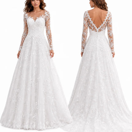 Elegant Lace Appliqué A-Line Wedding Dress for Women Long Sleeve Illusion V Neck Tulle Ball Gown with Pockets Floor Length Formal Evening Prom Dress