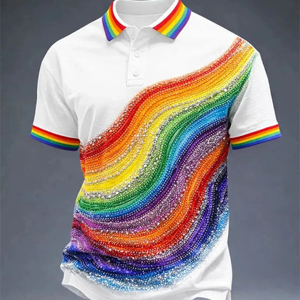 Men's Solid-Color Summer Casual Breathable Polo Shirt Rainbow Collar Fashion Polo Shirt Men's Striped Short-Sleeve Shirt