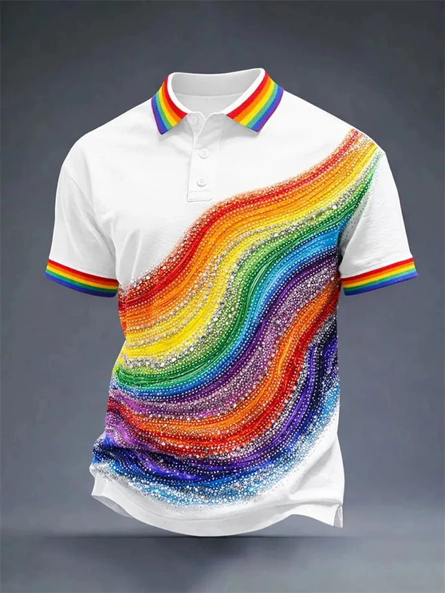 Men's Solid-Color Summer Casual Breathable Polo Shirt Rainbow Collar Fashion Polo Shirt Men's Striped Short-Sleeve Shirt