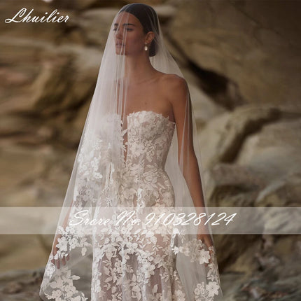 Lhuillier Customized Strapless Lace Mermaid Wedding Dresses Sleeveless Beaded Bridal Dress with Chapel Train