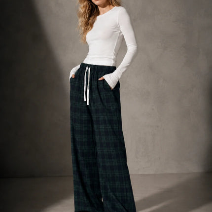 Women Plaid Wide Leg Pants, Elastic Waist Drawstring Loose Baggy Trousers Casual Comfy Lounge Pants for Daily Streetwear