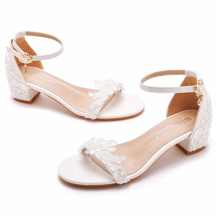 XIHAHA with Wedding Sandals Girls Asaguchi Shoes Woman Silk Coarse Heel Shoes Slip on Slippers for Women Fashion Lace Shoe 7cm