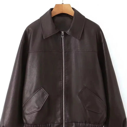 2026 Fashion Streetwear Women Retro Loose Black PU Faux Leather Jacket Spring Autumn Lady Vintage Zipper Coat Moto Biker Outwear