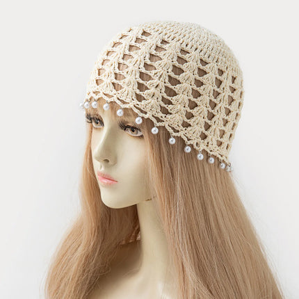 Korean Style Handmade Crochet Hat Women Summer Hollow Pearl Knitted Hat Fashion Mesh Hat Pullover Hat Cute And Sweet Beanie Hat