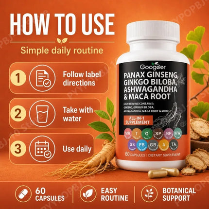 Botanical All in 1 Blend with Panax Ginseng Ginkgo Biloba Ashwagandha Maca Root Supports Daily Vitality Focus 60 Capsules