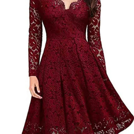 Women Lace A-Line Dress Spring Autumn V Neck Long Sleeve Lace Crochet Patchwork WineRed Slim Party Dresses JYFS-JY8858