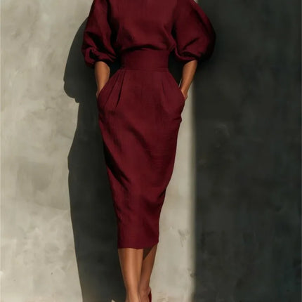 Elegant Women O-neck Lantern Sleeve Pocket Midi Dress Spring Summer Fashion Solid High Waist Pleated Wrap Hip Holiday Dresses