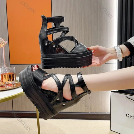 Wedges 13cm Super High Heels Sandals Thick Bottom Fashion Height Increase Cross Strap Fish Mouth Women's Shoes Casual Sandales
