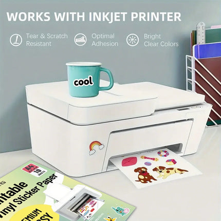 10 Sheets A4 Glossy Vinyl Sticker Sheets 8.3 x 11.7 inch Self-adhesive Waterproof Label Compatible with Inkjet & Laser Printers