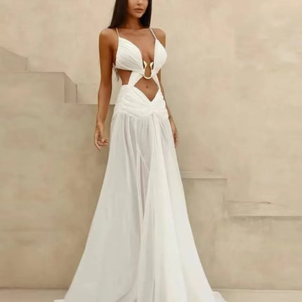 Ruched Mesh Camisole Maxi Dress Women Sexy Metal Buckle Deep V Neck Spaghetti Straps Backless Vacation Party Long Robe Beachwear